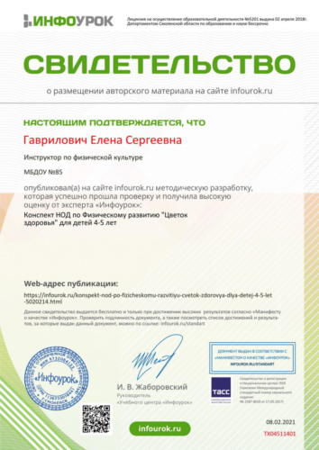 Свидетельство проекта infourok.ru №ТХ04511401