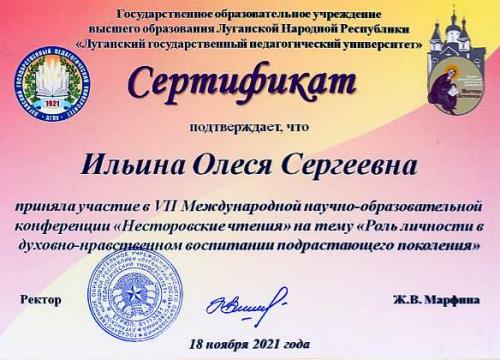 Сертификат Ильина Нестеровсике Чтения 2021